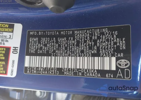 2017 Toyota Corolla Se from USA, damaged, VIN 2T1BURHE3HC819393